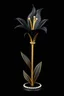 Placeholder: A tall lily made of black leather textures. The stem and leaves are gold-colored. Surrounded by pearls and diamonds. Background and base are black. The pattern is complete, stylish, and striking.