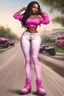 Placeholder: Create a digital airbrush cartoon of a curvy African American female wearing tight white jeans and a off the shoulder hot pink blouse. She is also wearing timberland boots. Prominent make up with hazel eyes. Highly detailed very long extremely braids of black hair. Her skin is smooth and silky. Background of a track of ATV riders.