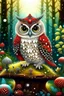 Placeholder: a beautiful funny owl, glittering jewels, sitting on a mushroom with red and white dots, in the forest
