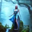 Placeholder: crazy detail, magical forest background, waterfall, blue but cloudy skies,the upper body of grand sleazy lady in robes and gloves,stone table, lively eyes,hidden hands, framed by foliage, runes, warm light, holding up scroll