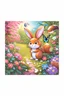 Placeholder: Dark moonlight calmly falling over a piece ful sleeping garden. Blue and white colors in the same style as reference image, the bunny, squirrel and butterfly are sleeping