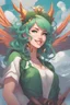 Placeholder: concept art of a beautiful smiling woman with green hair, by Krenz Cushart, clouds, detailed digital artwork, illustrative, key visual, highly detailed, cinematic composition, free, liberation, holy light, majestic, magical, devil wings, pointy dog ears, high contrast,