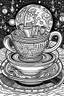 Placeholder: Outline art for coloring page, TEACUP SET ON PLANET MARS, coloring page, white background, Sketch style, only use outline, clean line art, white background, no shadows, no shading, no color, clear