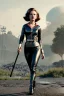 Placeholder: retro portrait image from 1960, explosion background, wind, long hair, young Scarlett Johansson, classic black tight lycra suit, metal stick weapon, gold bracelet and belt, high heel boots, soft color, highly detailed, unreal engine 5, ray tracing, RTX, lumen lighting, ultra detail, volumetric lighting, 3d, finely drawn, high definition, high resolution.