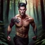 Placeholder: man dragón as human full body Human face y full body corriendo en el bosque