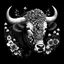 Placeholder: colorless cape buffalo between seeds and flowers black background .black and white colors. for a coloring.