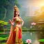 Placeholder: indian priestress in a temple at sunrise in the jungle, lake with lotus flowers, perfect composition, hyperrealistic, super detailed, 8k, high quality, intricate details, highly detailed