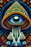 Placeholder: mushroom that have in the middle of its stem half closed eye and the background has of each corner humanoid entity looking at the mushroom with psychedelic eyes in mandala shape background