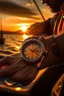 Placeholder: Create a picturesque image of a sailor enjoying a sunset sail, with the best sailing watch capturing the warm hues of the setting sun. Highlight both the watch and the serene beauty of the sailing environment.