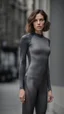 Placeholder: photography of a beautiful anorexic woman, grey satin triathlon top, sports illustrated, brunette short wavy bob haircut, pronounced sternum, flat chest, anthracite short leggins