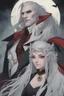 Placeholder: Vampire count Strahd Von Zarovich has long black hair and red eyes, with a woman with white hair