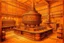 Placeholder: An orange colored mechanical factory with arrows painted by Leonardo da Vinci