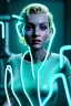 Placeholder: Ultra Realistic image, portrait, blonde woman, Marylin Monroe face, perfect iris, glow eyes, glow makeup. Cyborg, Cyberpunk, ex machina style, wires connected, oversized tight latex dress. fog, rain, soft color, highly detailed, unreal engine 5, ray tracing, RTX, lumen lighting, ultra detail, volumetric lighting, 3d, finely drawn, high definition, high resolution.