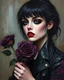 Placeholder: painting of a woman gothic style make up and leather jacket holding a dark purple rose , surrealist painting, surrealist artwork, emotional bsurrealist art, abstract surrealist, a surrealist painting, surrealist art , abstract surrealism, abstract surrealism masterpiece, surreal painting, contemporary surrealism, magically shaped surrealism