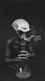 Placeholder: Get An old picture style of black and white mono very bad quality looks very old camera picture of an alien smoking from a hookah , all white background , year 1900