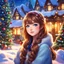 Placeholder: Beautiful Christmas anime girl with shiny light brown hair, lovely sparkling blue eyes, surrounded by Christmas trees and other festive decorations, cute cottages, twinkling lights, snow landscape, sunset light, digital painting, vivid colors