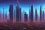 Placeholder: City near trees, sci-fi, retrowave 80's oil painting