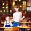 Placeholder: Realistic photo Russian shorthair beautiful 20-years tomboy boyish boylike young wife wide hips in restaurant with little daughter