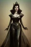 Placeholder: Geena Davis as evil queen in black leather, leather, busty, cleavage, angry, rage, stern look. character design by cory loftis, fenghua zhong, ryohei hase, ismail inceoglu and ruan jia. unreal engine 5, artistic lighting, highly detailed, photorealistic, fantasy