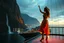 Placeholder: A modern city at the foot of the mountain. The entrance valley with a waterfall from a high rock.and huge sea with a very big ship in it, A beautiful lady dancer showing her performance in a poen stage on deck of ship in a top and midi skirt. at night ,dynamic color turnning lights