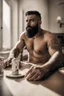 Placeholder: photorealistic half figure shot photography of an ugly 30 year old italian boxer with big broken nose, beefy masculine rude man, very long muslim black beard, shirtless, manly chest, big shoulders, side light, ambient occlusion, sitting on a table in a modern dining room at home, sun from window, emotive expression, shaved hair