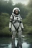 Placeholder: [scifi] A woman in spacesuit around a pond