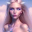 Placeholder:  beautiful, soft, whide smile face, long blonde straight hair, blue eyes, fairy wings on the back, transparent crystal blue and pink background, big definition, 8K