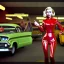 Placeholder: Ultra Realistic retro sci-fi afire Supermarket parking scene, 1960 year, many running people. blonde woman, sweet scarlet Johansson face, perfect iris, glow eyes, face makeup, tight latex coat; many panic people, Retro sci-fi style, soft color, highly detailed, unreal engine 5, ray tracing, RTX, lumen lighting, ultra detail, volumetric lighting, 3d, finely drawn, high definition, high resolution.