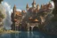 Placeholder: medieval buildings with balconies overhanging lake edge with blue sky and people, photorealism, fantastical, intricate detail, splash screen, concept art