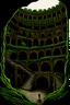 Placeholder: a toxic, Gothic underground city with a big Colosseum in the middle. rigid, criminal, poor, underground, dark, green. like a criminal underground city, In a cave, bellow earth