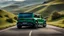Placeholder: Cross between bugatti and a G-wagon, rear view, on a road of green hills in morning