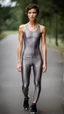 Placeholder: photography of a beautiful anorexic woman, grey satin triathlon top, brunette wavy pixie haircut, pronounced sternum, flat chest, grey satin cycling leggins