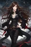 Placeholder: An arrogant looking young woman with pale skin and long brown hair in a stormy dark fantasy setting with intricate details. She is smirking, wearing black and read leather, has red eyes, an air of malevolent power surrounds her. Anime style. High definition.