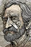 Placeholder: a half of body, pen drawing of a man,65 years old, BLACK eyes,little smile from under forehead, fantasy, detailed, mate colour background ,ebesiyasku