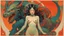 Placeholder: alphonse mucha, surrealist and pop art illustration of a naked asian girl facing a monstrous creature with mechanical elements, divided by a vibrant color split, one side red and orange, the other side green and blue, detailed and expressive faces, dramatic and contrasting colors, bold and vivid graphic style.