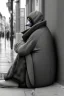 Placeholder: One single mature homeless penguin with worn out clothes, sitting in a corner on the street, guitar standing on the left side, Vienna, mourning, model style, hyper realistic, extremely accurate, delicate, extremely detailed, Graphic novel style, wide-angle, open aperture, superfine pencil