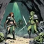Placeholder: [comic book art by Le Tendre et Loisel (la quete de l oiseau du temps, 1987)] two woman warrior after a battle in a cave surrounded by dead bodies of green orcs and goblins, one has a sword, the other has a battle axe
