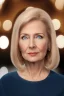 Placeholder: Powerful classical portrait of a modern blonde politician in her late 50s wearing a blue top