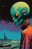 Placeholder: create an imaginative hybrid female alien camera being, filming an apocalyptic void of chaos, in the comic book art style of Bill Sienkiewicz, Mike Mignola, and Jean Giraud Moebius, finely textured, drawn, colored, and inked