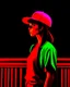 Placeholder: woman with a red baseball hat. leaning on a wooden balcony. night time. fantasy. medieval.