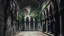 Placeholder: Abandoned cloistered courtyard, Romanesque architecture eroded by time, invasive vines with maroon leaves snaking along cracked walls, bunches of dark grapes between carved capitals, spectral figures of monks with heads bowed in silent procession, morning mist between arcades, moss and lichens on ancient stone, Dark Romanticism style