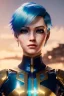 Placeholder: Cyborg anime warrior, light blue hair, golden eyes, waist up portrait, 8k resolution, intricate details, ornate details, soft lighting, vibrant colors, retroanime, masterpiece, intricate eyeliner, dark eyeshadow, eyes, intricate tattoos, futuristic cityscape background