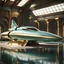 Placeholder: stunning hyper-realistic render of a sleek and elegant Naboo staryacht in pearlescent teal green with gold trim sitting in ancient jedi temple hangar, fully symmetric details