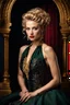 Placeholder: Hollywood photo Rembrandt perfect green eyes, bright red lips, blonde hair, front face, front look, full pose, fantastic face, Caucasian, beautiful look, detailed elegant gold and red dress, Victorian black formal dress, elegant hair up, indigo tones background, ultra focus, illuminated face, detailed face, 8k resolution, sharp focus, studio photo, intricate details, highly detailed