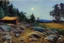 Placeholder: Night, moon, trees, cabin, pathway, rocks, vegetations, distant trees, distant mountains, philip wilson steer impressioniam painting