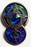 Placeholder: the symbol of an ancient Celtic female vampire coven , in the form of highly detailed triskele worked in lapis lazuli, emerald, and ruby, with the all seeing eye at its center lapel pin, in the graphic novel style of Bill Sienkiewicz, Jean Giraud Moebius, and Enki Bilal