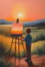 Placeholder: Canvas texture, the scream style, A PEACH FUZZ painting of an amazing landscape picture in gouache, fast minimalistic brushstrokes, an amazing PEACH FUZZ sunset shimmering in bright colors PEACH FUZZ, Rear view of a very small boy with a brush in hand, standing in front of an easel and painting the landscape. Texture of the canvas oil paints