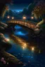 Placeholder: A night bridge in the park, a cozy lonely flashlight is burning, a crystal clear river under the bridge, beautiful flowers around, rose petals on the water, glow professional photo, careful drawing of small details,detailed digital painting, high image detail 120k, fine detailed drawing, perfect angle, professional photo, HDR, UltraHD, many details, pixel study, hyperreal, 9D, hyper detail, photorealism, ultra high graphics, realistic, hyper clarity