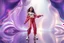 Placeholder: beautiful lady with todays modern clothing and sport shoes, in surreal stage made of 3d fractal random size recursive objects with helical strip colors in clothing similar to environment full body dancing to camera,animating background metallic random color and size recursive objects