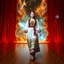 Placeholder: A full-body shot of a beautiful lady wearing ozbek folk costum walking on a nice stage and looking at the camera 3D fractal interstellar world.